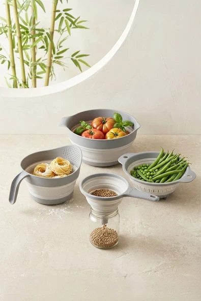 Kitchen Life 4'lü Akordiyon Katlanır Süzgeç Seti - Mutfak Çeyiz Seti (akordeon Saplı Pirinç Süzgeci Huni Gri)
