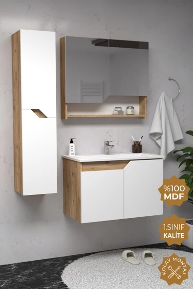 Teta Home Napoli 65 cm MDF Banyo Dolabı Seti + Boy Dolabı Atlantik Çam-Beyaz